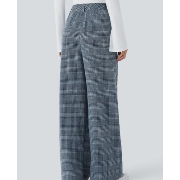 Halara Light Blue Houndstooth Plaid High Waist Wide Leg Pull On Pants Sz Medium - Picture 8 of 8